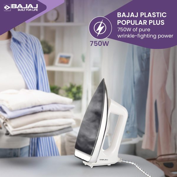 Bajaj Popular Plus Dry Iron, 750 Watts Dry Iron with Advance Soleplate and Anti Bacterial Coating, White