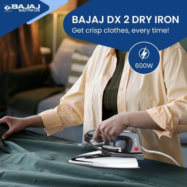 Bajaj DX2, 600 Watt Dry Iron with Advance Soleplate, Anti Bacterial Coating and Cord Organizer, Black