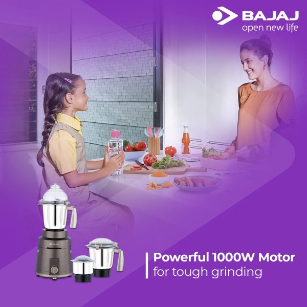 Bajaj Herculo,1000 Watt 3 Jar Mixer Grinder with Lid Locking, Nutri Pro Feature and Multi Function Blades, Coffee Brown