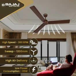 Bajaj Classico 1200MM, 48 Inch Ceiling Fan with BLDC Motor, 5 Star rating, 360 RPM and Corrosion Resistant Body, Red Walnut