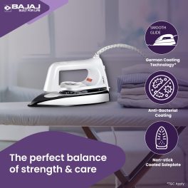 Bajaj Popular Plus Dry Iron, 750 Watts Dry Iron with Advance Soleplate and Anti Bacterial Coating, White