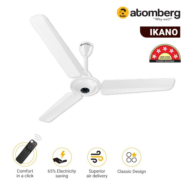 Atomberg Ikano 1200, 48 Inch BLDC Ceiling Fan with Remote Control and LED Indicators, Gloss White