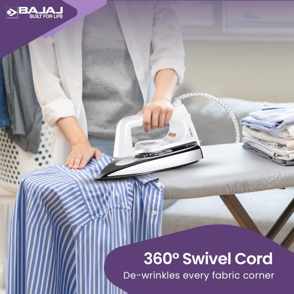Bajaj Popular Plus Dry Iron, 750 Watts Dry Iron with Advance Soleplate and Anti Bacterial Coating, White