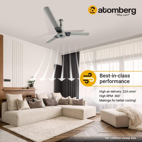 Atomberg Studio+1200MM, 48 Inch BLDC Fan Motor with Dust Resistant Coating, 100% Copper Motor, Double Sided Steel Shielding and Remote, Sand Grey