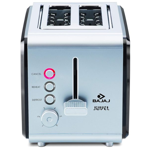 Bajaj Juvel, 750 Watt 2 Slice Pop Up Toaster with 6 Step Browning Control and Slide Out Crum Tray, Silver