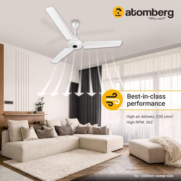 Atomberg Ikano 1200, 48 Inch BLDC Ceiling Fan with Remote Control and LED Indicators, Gloss White