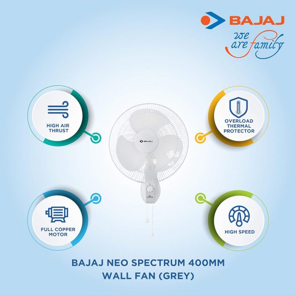 Bajaj Neo Spectrum 400MM, 16 Inch Wall Fan with 100% Copper Motor and Overload Thermal Protector, Grey