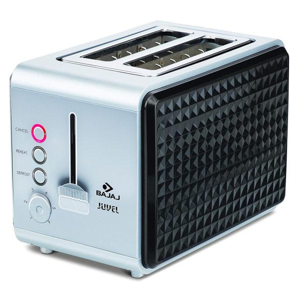 Bajaj Juvel, 750 Watt 2 Slice Pop Up Toaster with 6 Step Browning Control and Slide Out Crum Tray, Silver