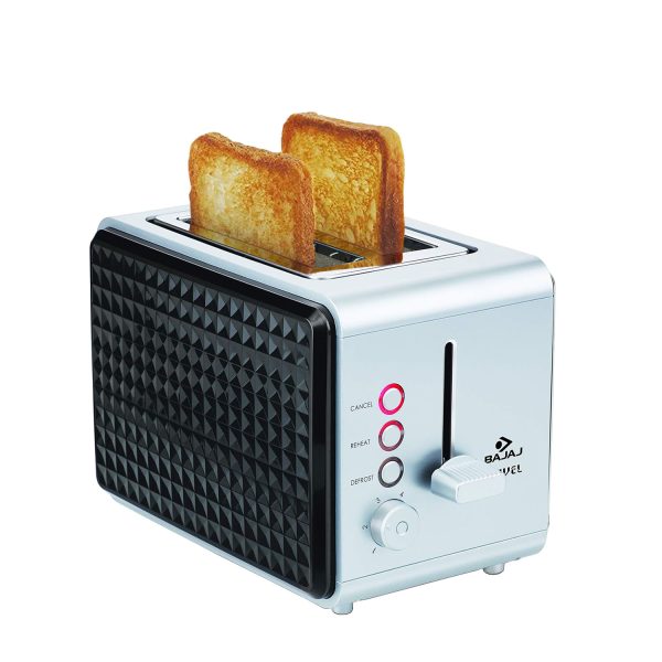 Bajaj Juvel, 750 Watt 2 Slice Pop Up Toaster with 6 Step Browning Control and Slide Out Crum Tray, Silver
