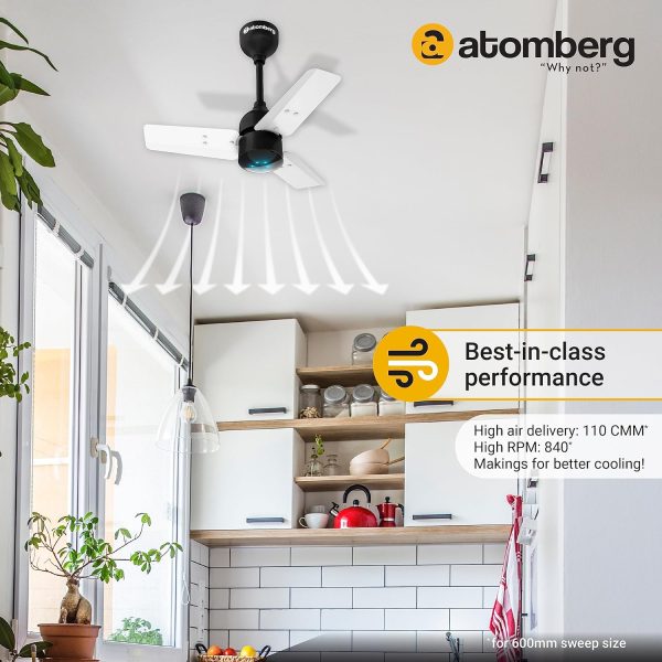 Atomberg Renesa 600, 24 Inch BLDC Ceiling Fan with Remote Control and LED Indicators, White and Black