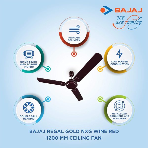 Bajaj Regal Gold NXG EE 1200MM, 48 Inch Ceiling Fan with strong 14 Pole Motor, 3 Star Rating and 340 High RPM, Wine Red