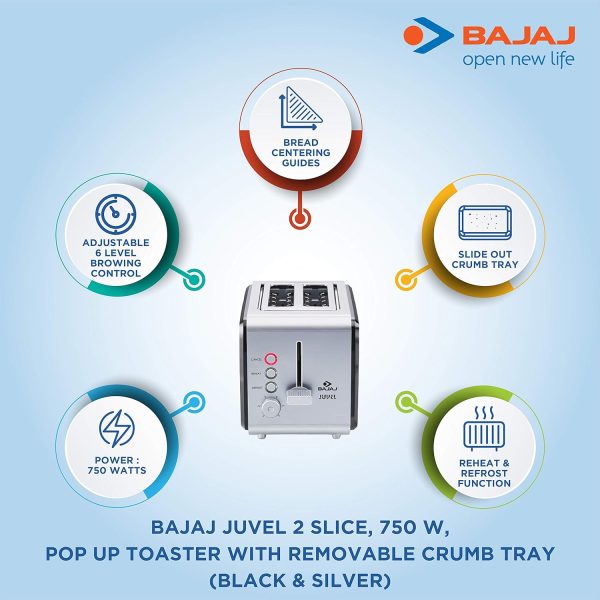 Bajaj Juvel, 750 Watt 2 Slice Pop Up Toaster with 6 Step Browning Control and Slide Out Crum Tray, Silver