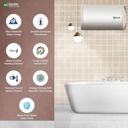AO Smith Elegance 25, 25 Litre Storage Water Heater with Blue Diamond Glass and Glass Coated Incoloy heating element, White