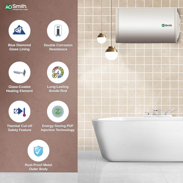 AO Smith Elegance 25, 25 Litre Storage Water Heater with Blue Diamond Glass and Glass Coated Incoloy heating element, White