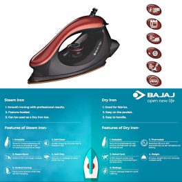 Bajaj Majesty One, 1000 Watt Dry Iron with Non Stick Coated Sole Plate and 360 Degree Swivel Cord, Red