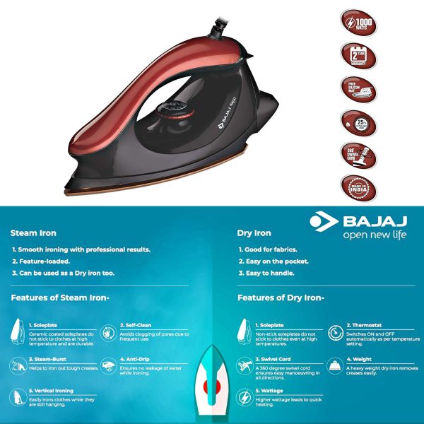 Bajaj Majesty One, 1000 Watt Dry Iron with Non Stick Coated Sole Plate and 360 Degree Swivel Cord, Red