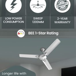 Bajaj Glide 1200MM, 48 Inch Ceiling Fan with 100% Copper Motor, High Speed 340RPM and 1 Star Rating, Snowy White
