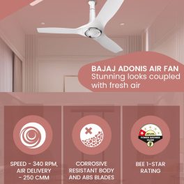 Baja Adonis 1200MM, 48 Inch Ceiling Fan with Aerodynamically Designed Blades, 340 RPM and 1 Star Rating, White/Silver