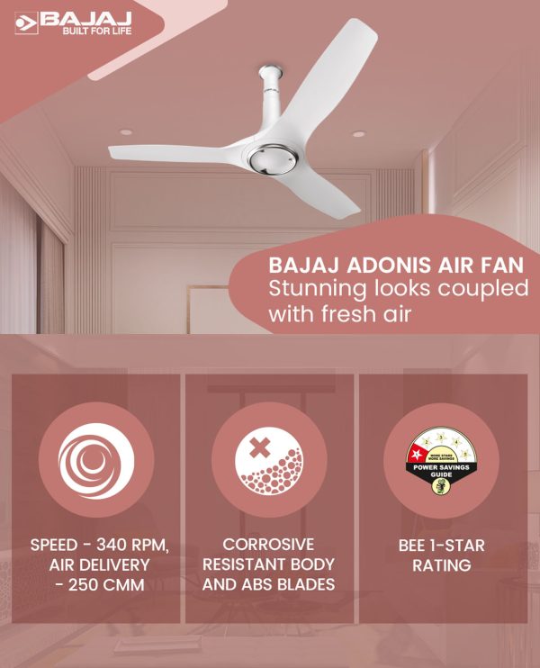 Baja Adonis 1200MM, 48 Inch Ceiling Fan with Aerodynamically Designed Blades, 340 RPM and 1 Star Rating, White/Silver