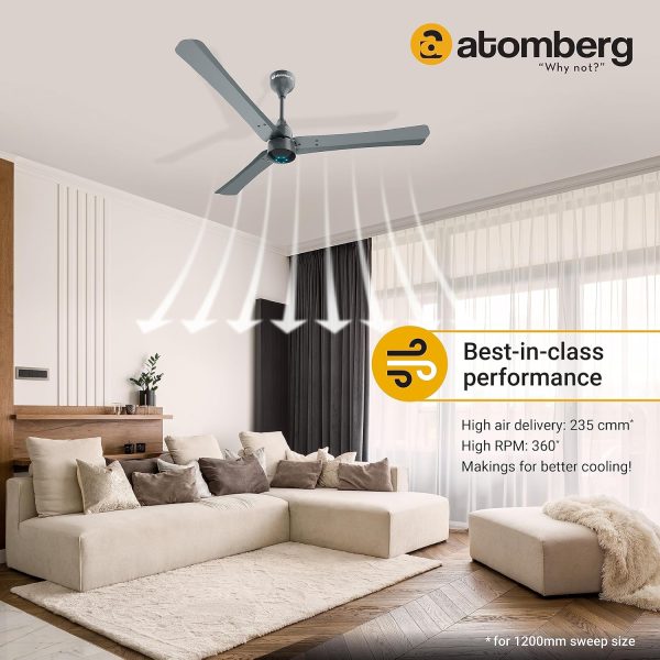 Atomberg Renesa+ 1200, 48 Inch BLDC Ceiling Fan with Remote Control and LED Indicators, Sand Grey