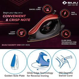 Bajaj Majesty One, 1000 Watt Dry Iron with Non Stick Coated Sole Plate and 360 Degree Swivel Cord, Red