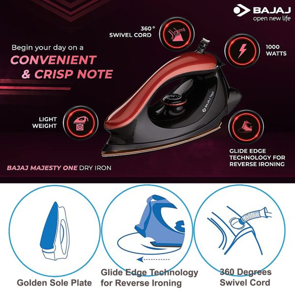 Bajaj Majesty One, 1000 Watt Dry Iron with Non Stick Coated Sole Plate and 360 Degree Swivel Cord, Red