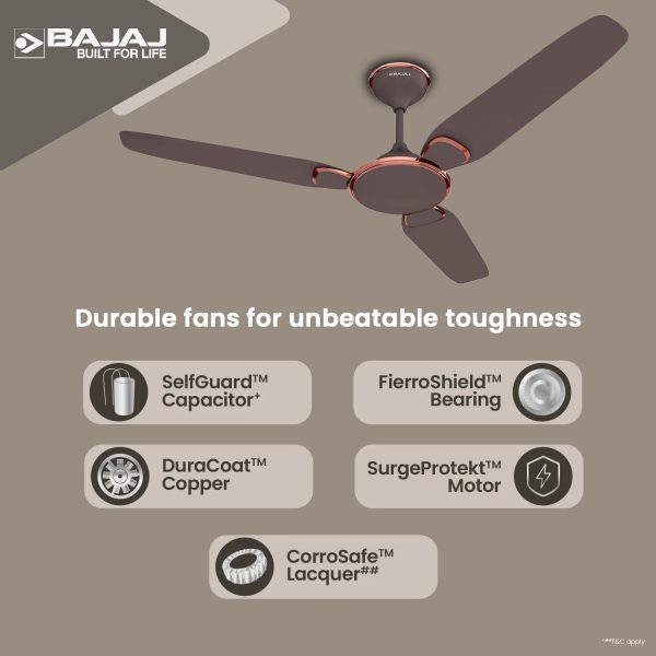 Bajaj Trendy EE 1200, 48 Inch Ceiling Fan with 100% Copper Motor and Alluminium Blades, Red Walnut