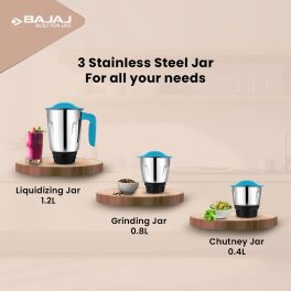Bajaj Ninja Series Notch, 500 Watt 3 Jar Mixer Grinder with Dura Cut Blades, Blue