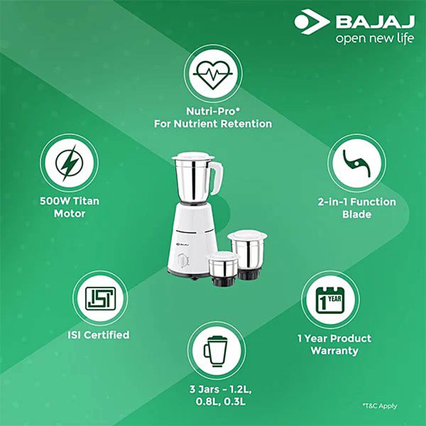Bajaj GX 500, Powerful 500 Watt 3 Jar Mixer Grinder with Multi tasking Blade, White
