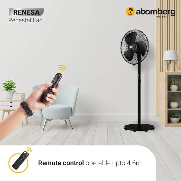 Atomberg Renesa 400, 16 Inch BLDC Pedestal Fan with LED Light, Remote for Oscillation With Timer, Digital Display, Black