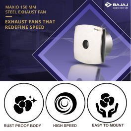 Bajaj Maxio 150MM, 6 Inch Exhaust fan with 100% Copper Motor, Rust Proof Body and Blades, Steel