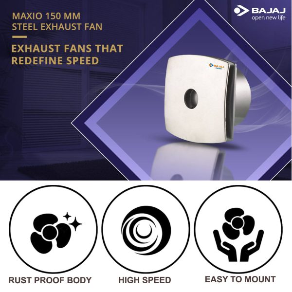 Bajaj Maxio 150MM, 6 Inch Exhaust fan with 100% Copper Motor, Rust Proof Body and Blades, Steel