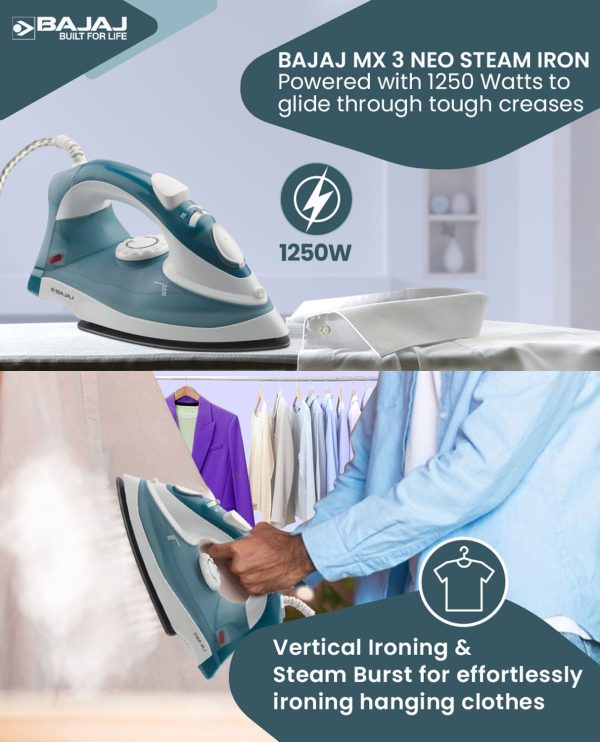 Bajaj MX3N, 1250 Watts Steam Iron with Spray Function, Non Stick & Anti Bacterial Soleplate Coating, Blue