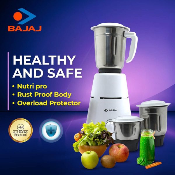 Bajaj GX 500, Powerful 500 Watt 3 Jar Mixer Grinder with Multi tasking Blade, White