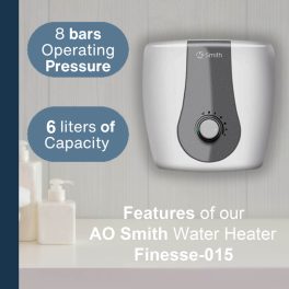AO Smith Finesse, 6 Litre Storage Water Heater with 5 Star Rating, Smart Modes and 8 Bar Pressure, White