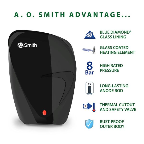 AO Smith Fast-on, 3 Litre Instant Water Heater with 8 Bar Pressure and 5 Year Tank Warranty, Black