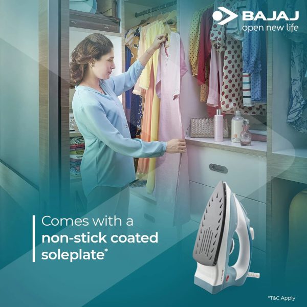 Bajaj MX3N, 1250 Watts Steam Iron with Spray Function, Non Stick & Anti Bacterial Soleplate Coating, Blue