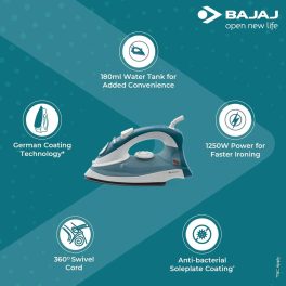 Bajaj MX3N, 1250 Watts Steam Iron with Spray Function, Non Stick & Anti Bacterial Soleplate Coating, Blue