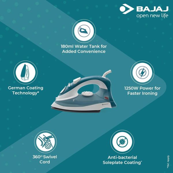 Bajaj MX3N, 1250 Watts Steam Iron with Spray Function, Non Stick & Anti Bacterial Soleplate Coating, Blue