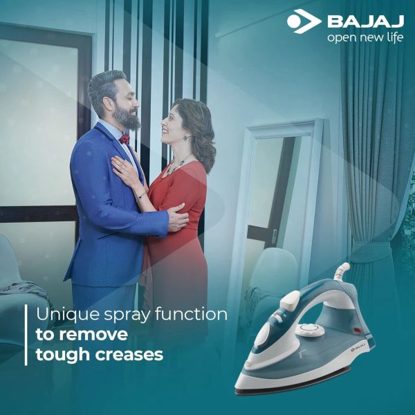 Bajaj MX3N, 1250 Watts Steam Iron with Spray Function, Non Stick & Anti Bacterial Soleplate Coating, Blue
