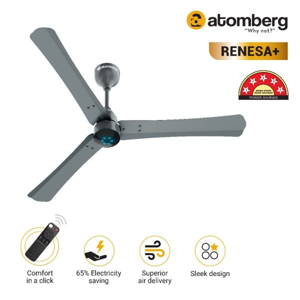 Atomberg Renesa+ 900, 36 Inch BLDC Ceiling Fan with Remote Control and LED Indicators, Sand Grey