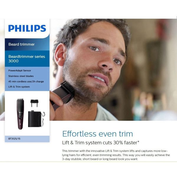 Philips BT3125/15, Lift and Trim Beard Trimmer with Stainless steel Blades, 20 Length Settings and 45 Minutes of Cordless Use, Black