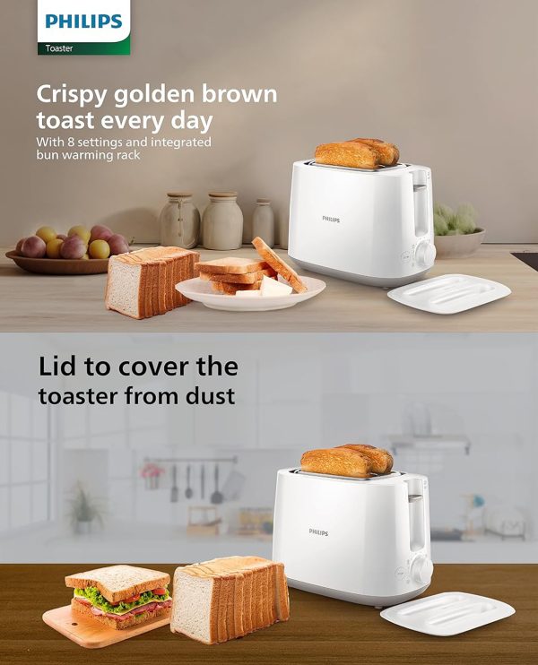 Philips HD2582, Two Slice Pop-Up Toaster with Bun Warmer, 8 Browing Settings and Cancel Button, White