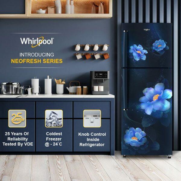 Whirlpool NEOSP278PRM, 235L 2 Star Double Door Refrigerator, 10 Years Warranty on Compressor, Sapphire Peony