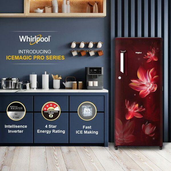 Whirlpool 215 IMPC PRM, 192 L 3 Star Ice-magic Pro Inverter Direct-Cool Single Door Refrigerator, 10 Years Warranty on Compressor, Wine Flower Rain
