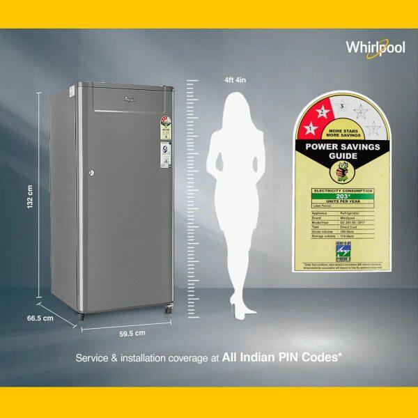 WHIRLPOOL 205 GENIUS CLS PLUS, 184L 2 Star Direct-Cool Single Door Refrigerator, 10 Years Warranty on Compressor, COSMIC GREY
