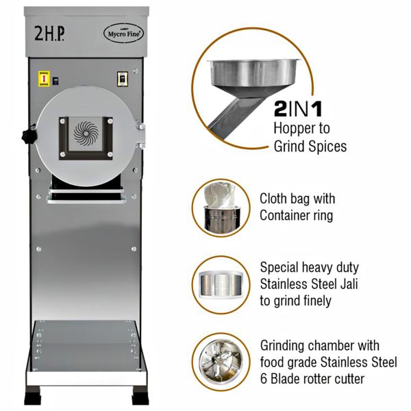 Mycrofine 2HP 2-in-1, 5 KG Grinding chamber with food grade stainless steel, 100% Copper Motor and 2-in-1 Hopper to Grind Spices, Steel