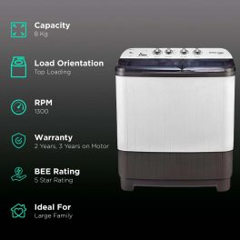 Voltas Beko WTT80DGRT, 8 KG Semi Automatic Machine with IPX4 Control Panel, 5 Star Rating, Fast Dry and Double Casette Filter, Grey