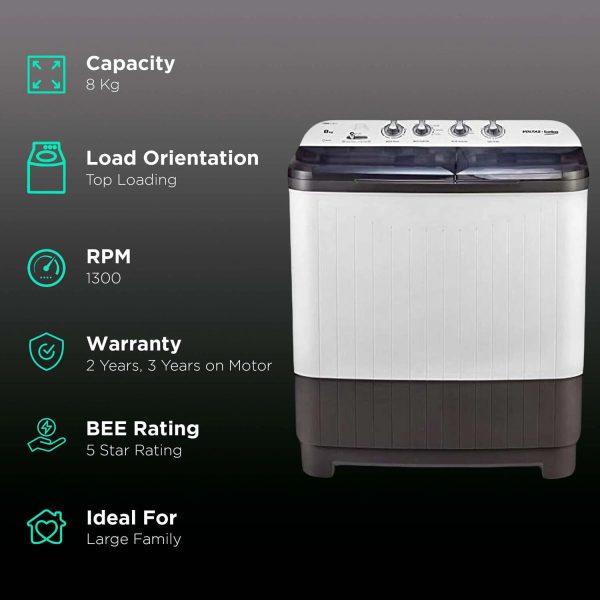 Voltas Beko WTT80DGRT, 8 KG Semi Automatic Machine with IPX4 Control Panel, 5 Star Rating, Fast Dry and Double Casette Filter, Grey