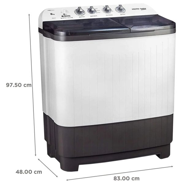 Voltas Beko WTT80DGRT, 8 KG Semi Automatic Machine with IPX4 Control Panel, 5 Star Rating, Fast Dry and Double Casette Filter, Grey